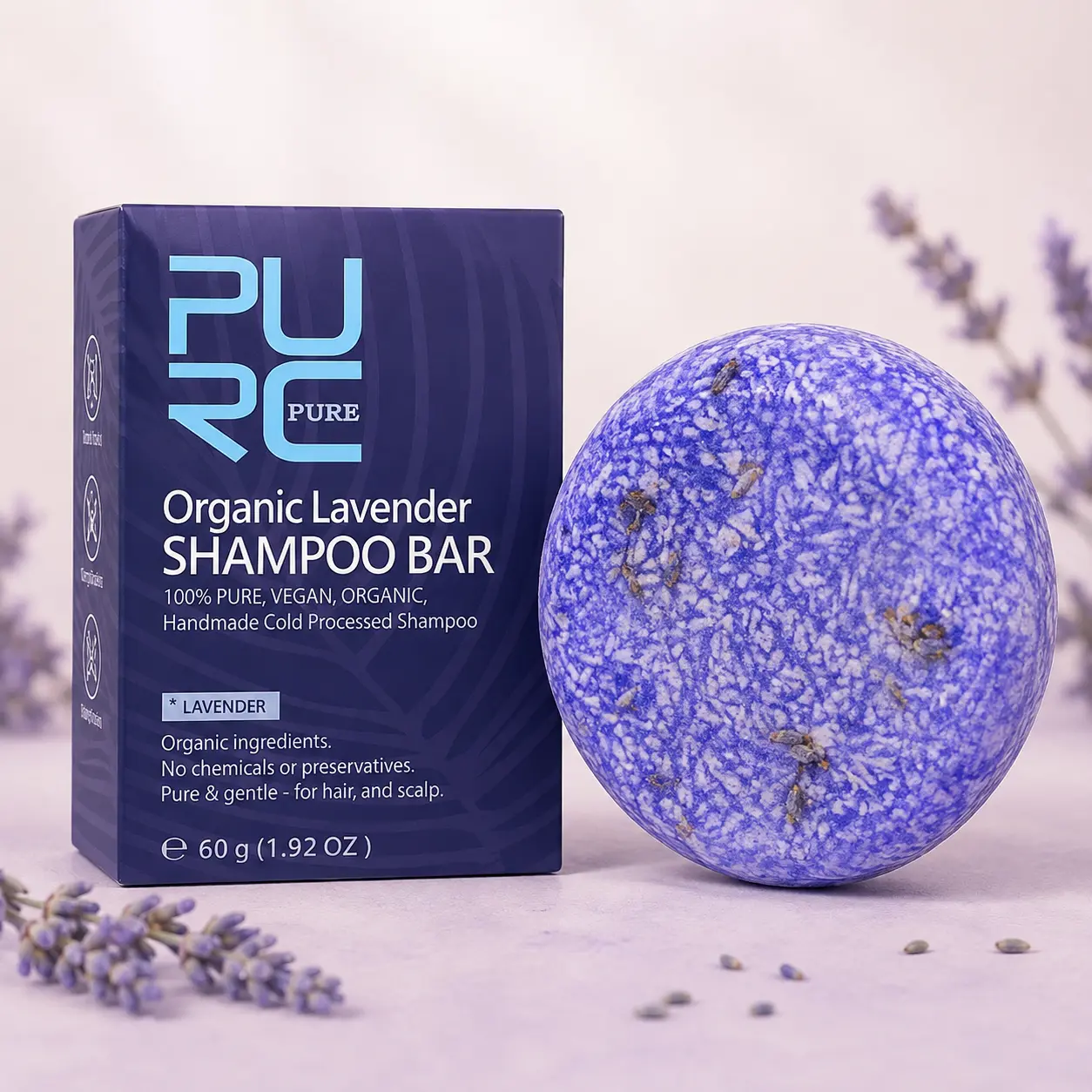 Front angle of PURC Organic Lavender Shampoo Bar and packaging