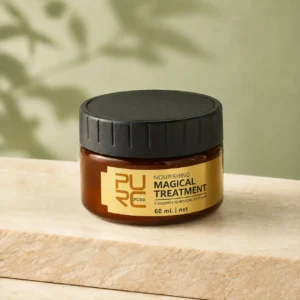 Three-quarter view of PURC Magical Treatment Hair Mask 60ml on an ivory stone surface
