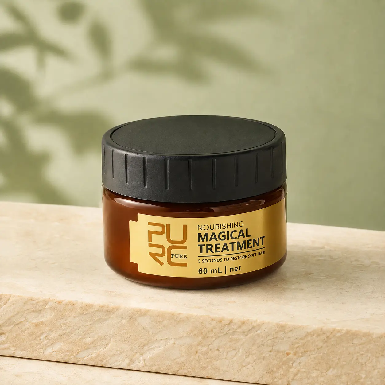 Three-quarter view of PURC Magical Treatment Hair Mask 60ml on an ivory stone surface