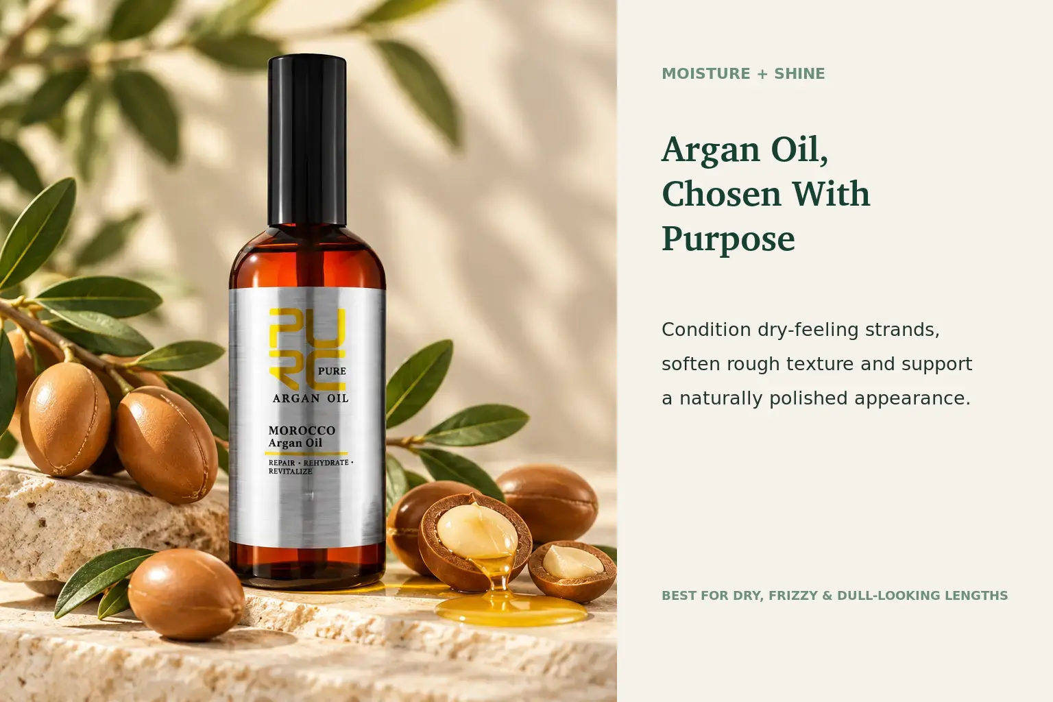 PURC Moroccan Argan Hair Oil Moisture and Shine banner with argan fruits and amber oil