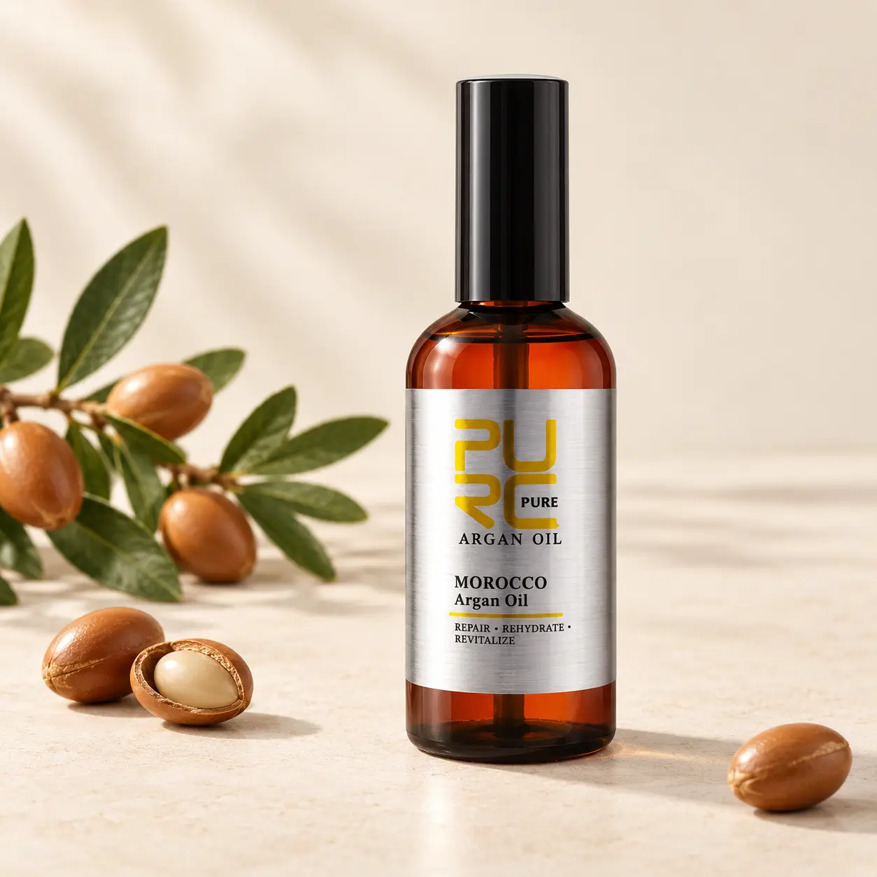 PURC Moroccan Argan Hair Oil bottle with argan branch and soft natural lighting