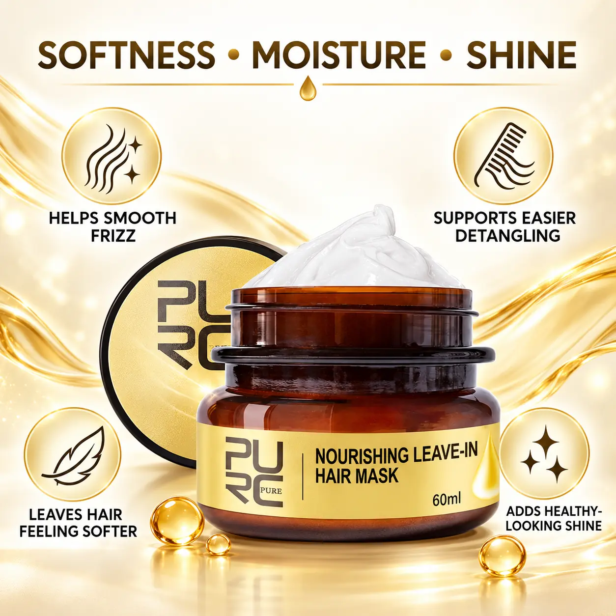 PURC leave-in hair mask benefits for frizz, detangling, softness and healthy-looking shine
