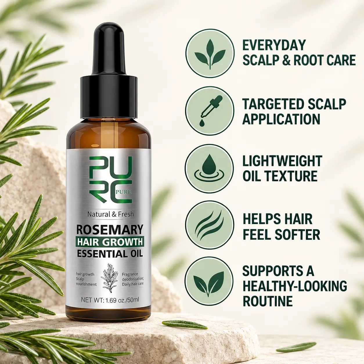 PURC rosemary oil benefits for targeted scalp application, lightweight care and softer-feeling hair
