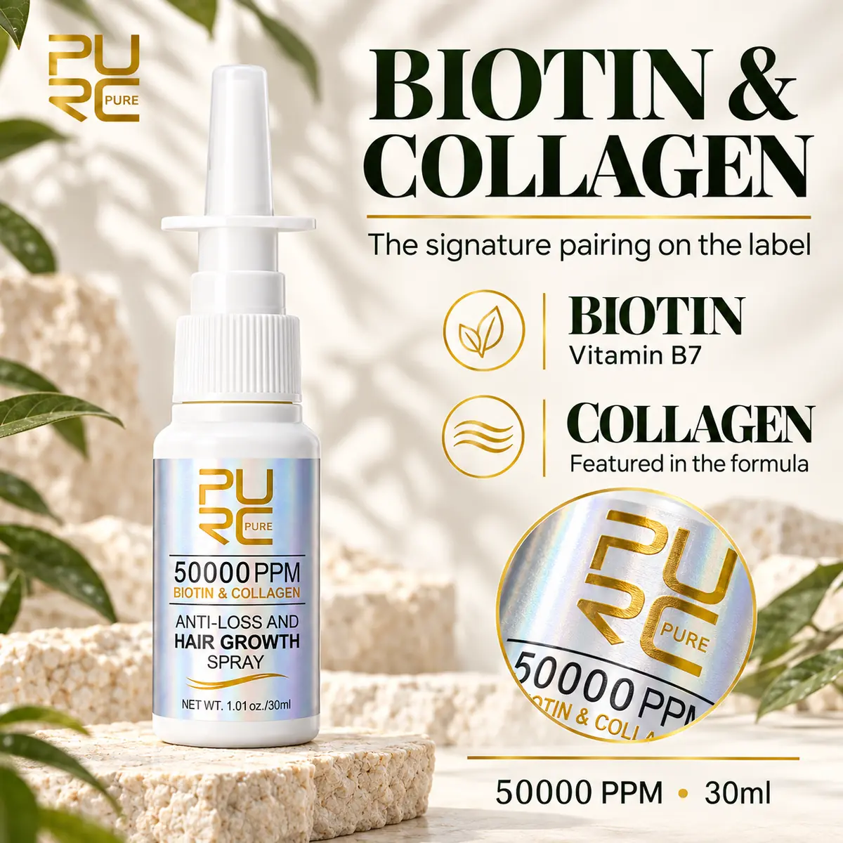 PURC Biotin and Collagen Hair Growth Spray with 50000 PPM biotin and collagen
