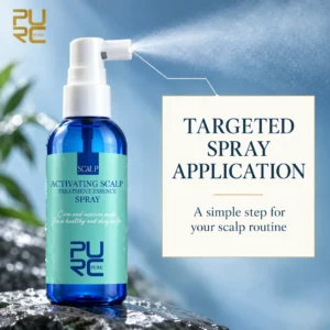 Close view of PURC scalp spray bottle and nozzle with targeted application text