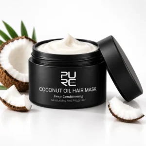 Open PURC Coconut Oil Hair Mask showing rich creamy deep conditioning texture