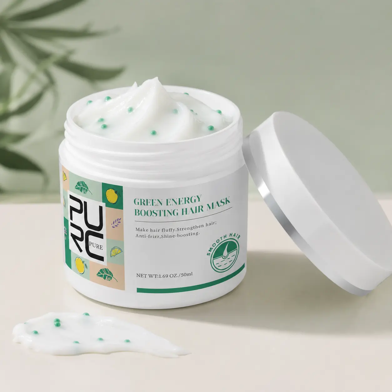 Open PURC Green Energy Boosting Hair Mask jar showing cream with green granules beside its lid