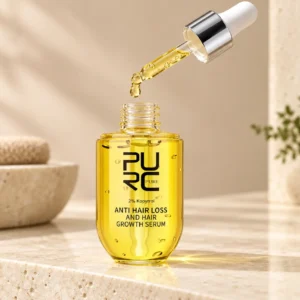 Open PURC hair growth serum bottle with dropper showing the golden serum texture