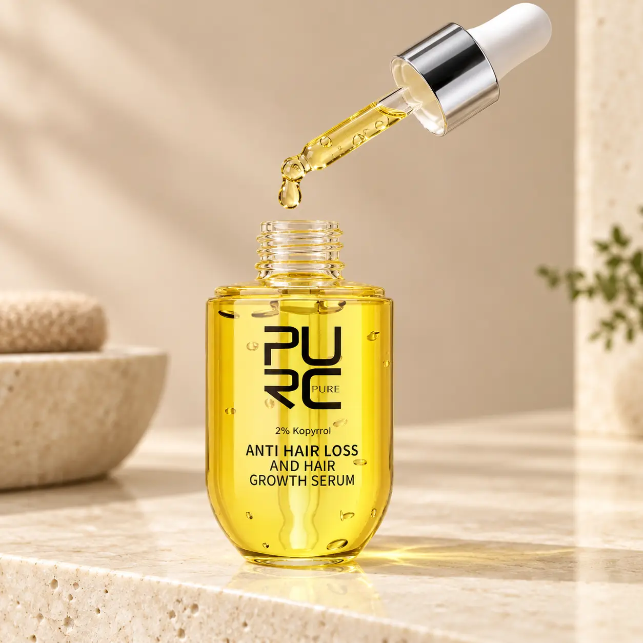 Open PURC hair growth serum bottle with dropper showing the golden serum texture