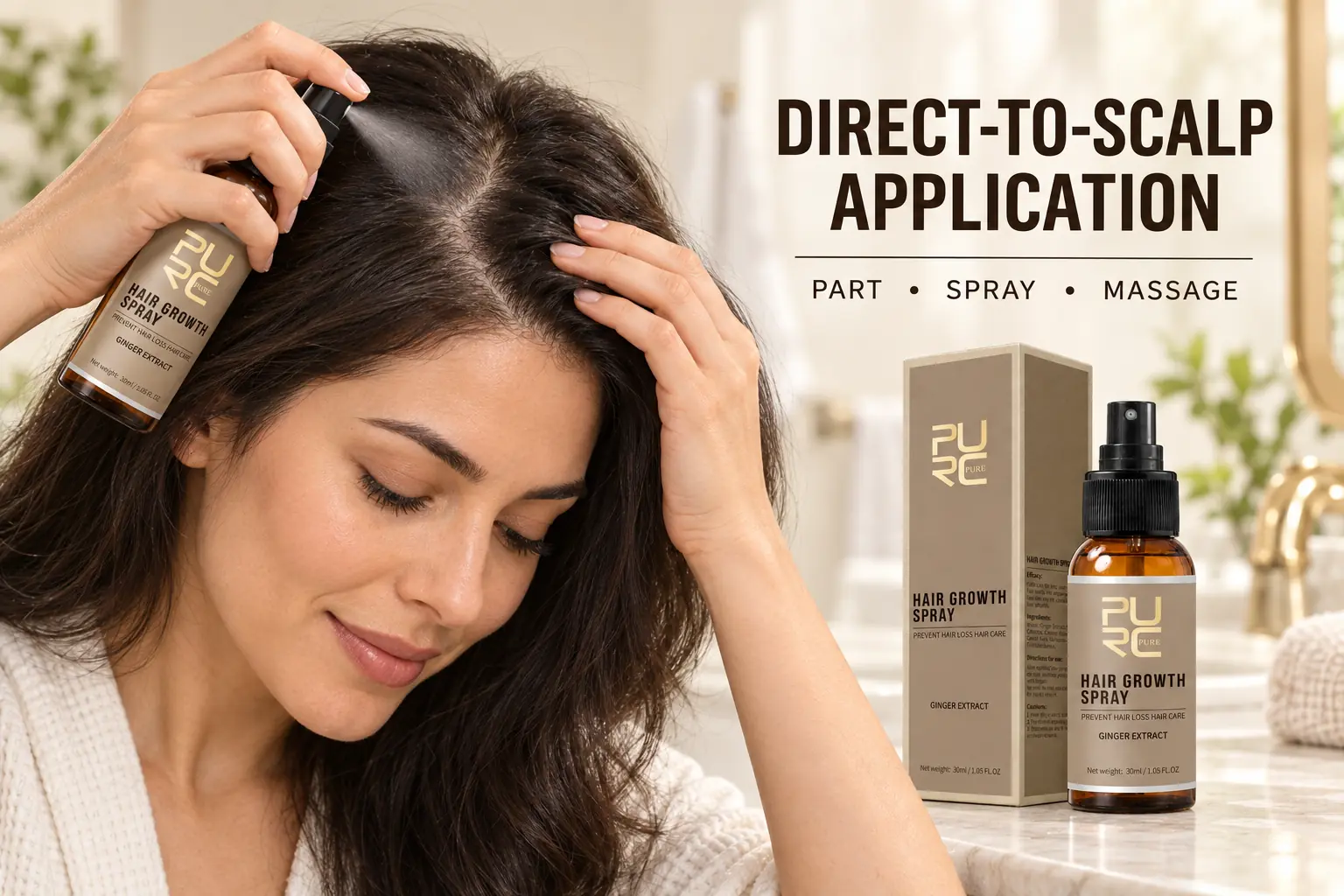 Woman applying PURC Hair Growth Spray directly to parted scalp and massaging gently