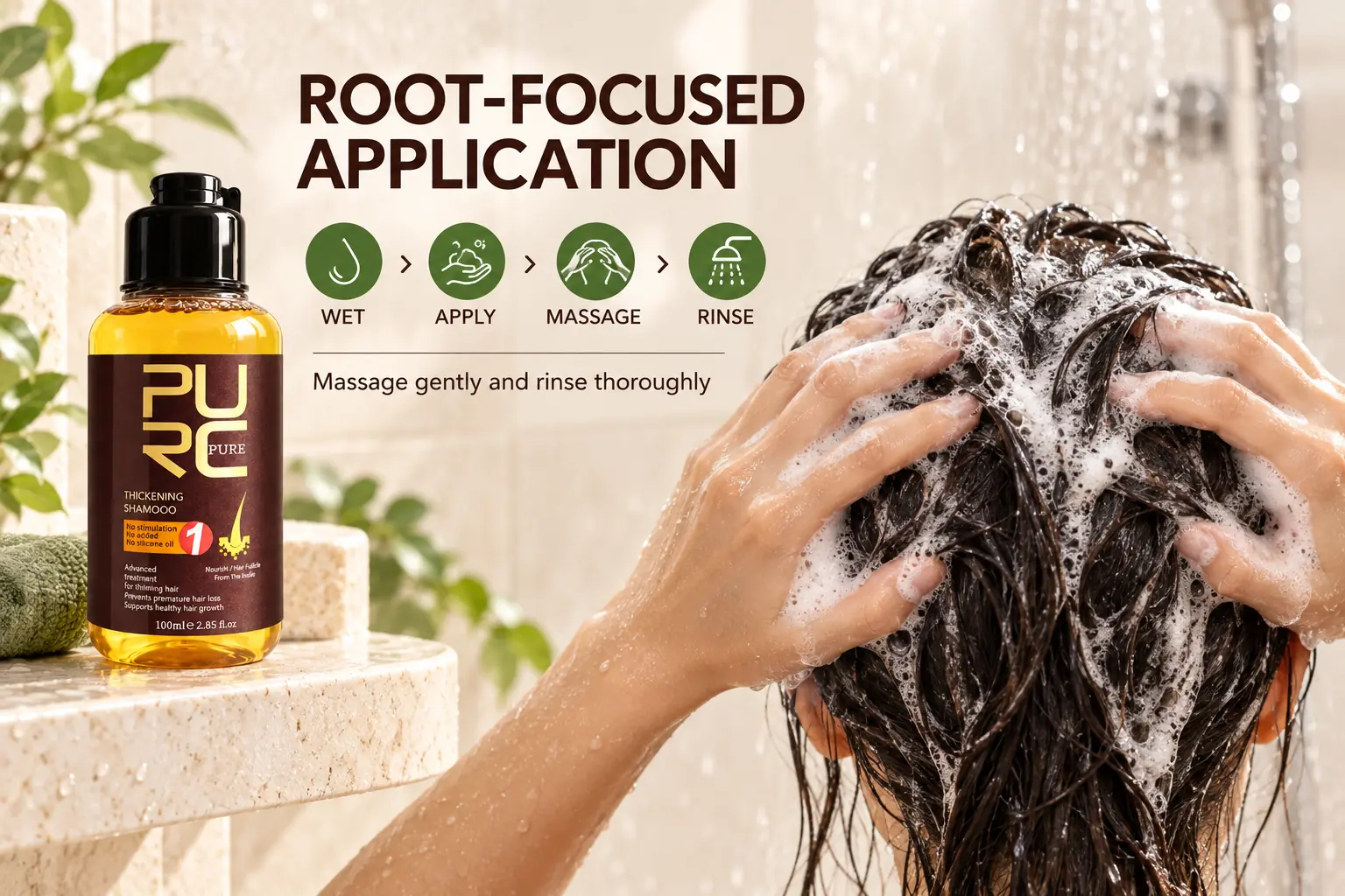 Hands massaging PURC Herbal Ginseng Hair Growth Shampoo into wet hair and scalp