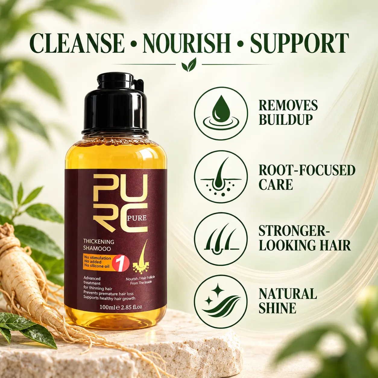 PURC Herbal Ginseng Hair Growth Shampoo benefits for scalp cleansing root care strength and shine