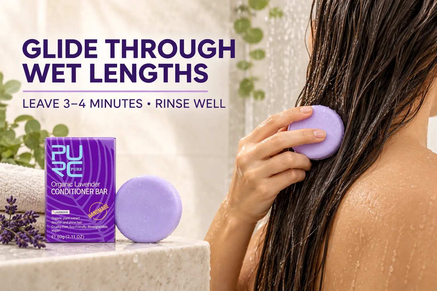 Woman gliding PURC Lavender Conditioner Bar through wet hair lengths