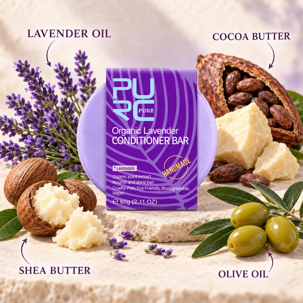 PURC Lavender Conditioner Bar with lavender oil cocoa butter shea butter and olive oil
