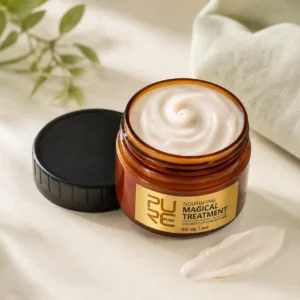 Open PURC Magical Treatment Hair Mask jar showing its creamy texture with the black lid beside it