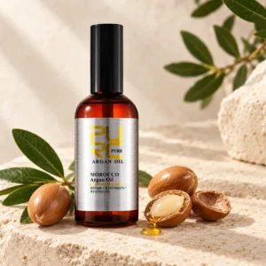 PURC Moroccan Argan Hair Oil bottle with argan fruits and split argan nuts