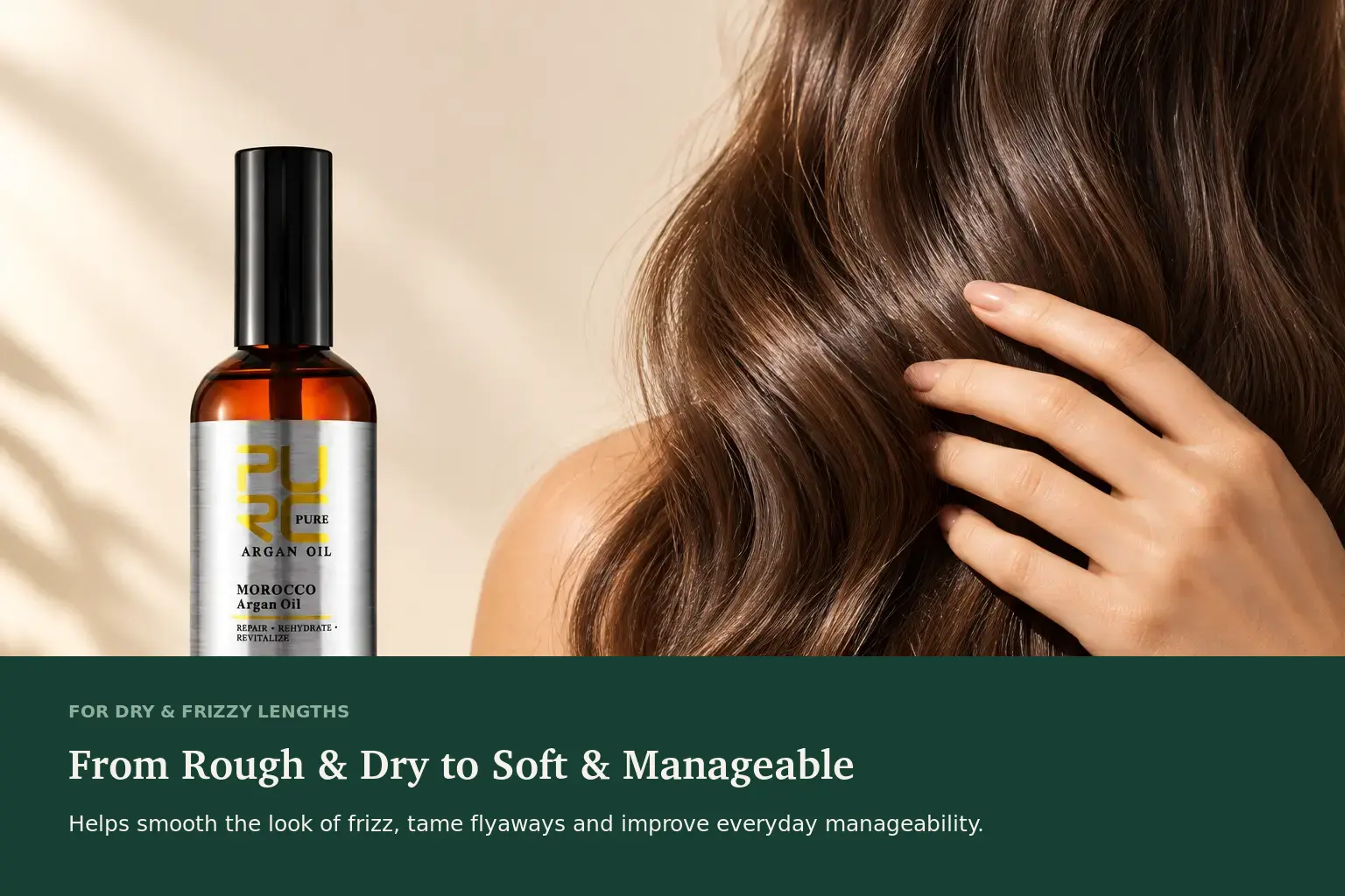 PURC Moroccan Argan Hair Oil banner showing smooth wavy hair and softer manageable lengths