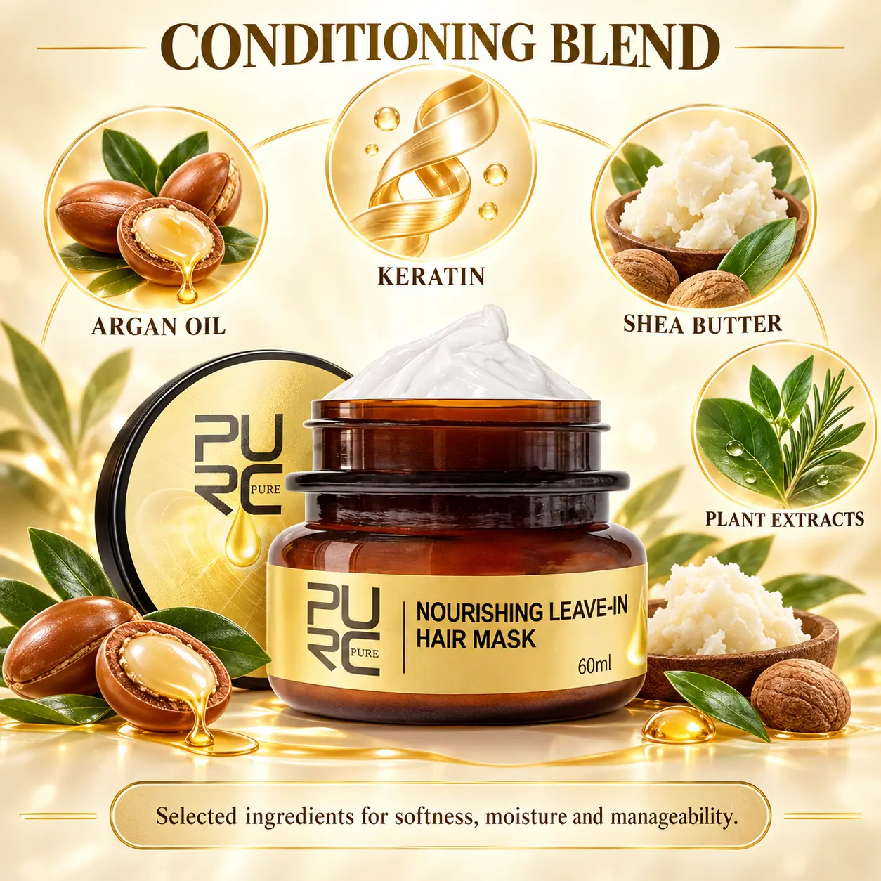 PURC leave-in hair mask conditioning blend with keratin, argan oil, shea butter and plant extracts