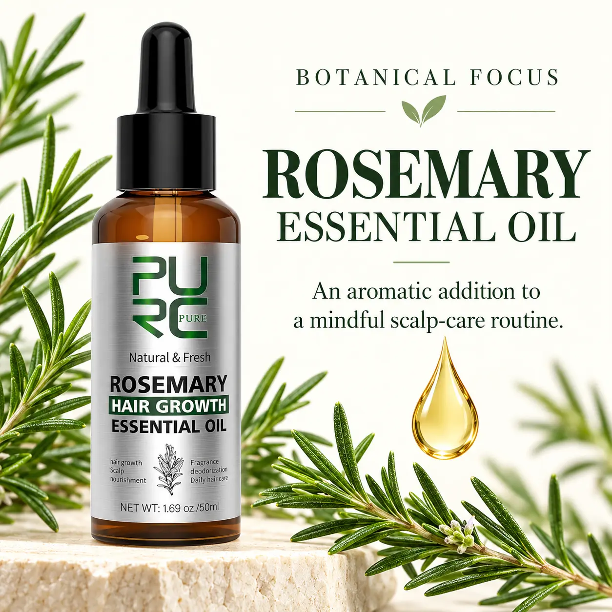 PURC Rosemary Essential Oil botanical focus with fresh rosemary and golden oil drop