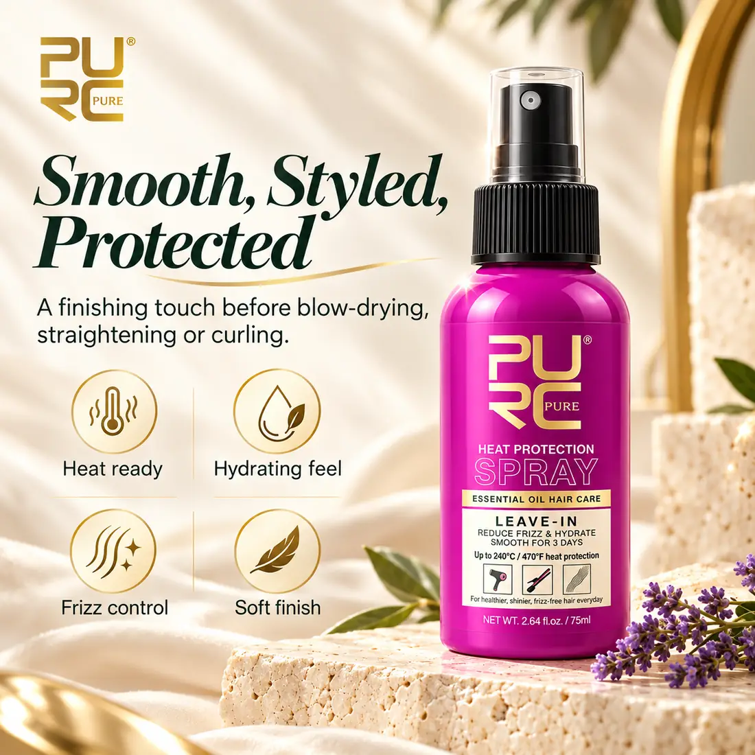 PURC Heat Protection Spray for smooth styled and protected looking hair