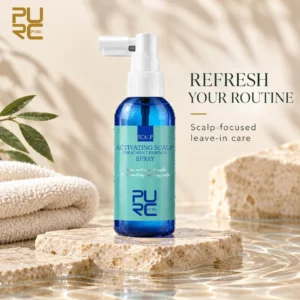 PURC scalp spray beside a towel and stone with refresh your routine text