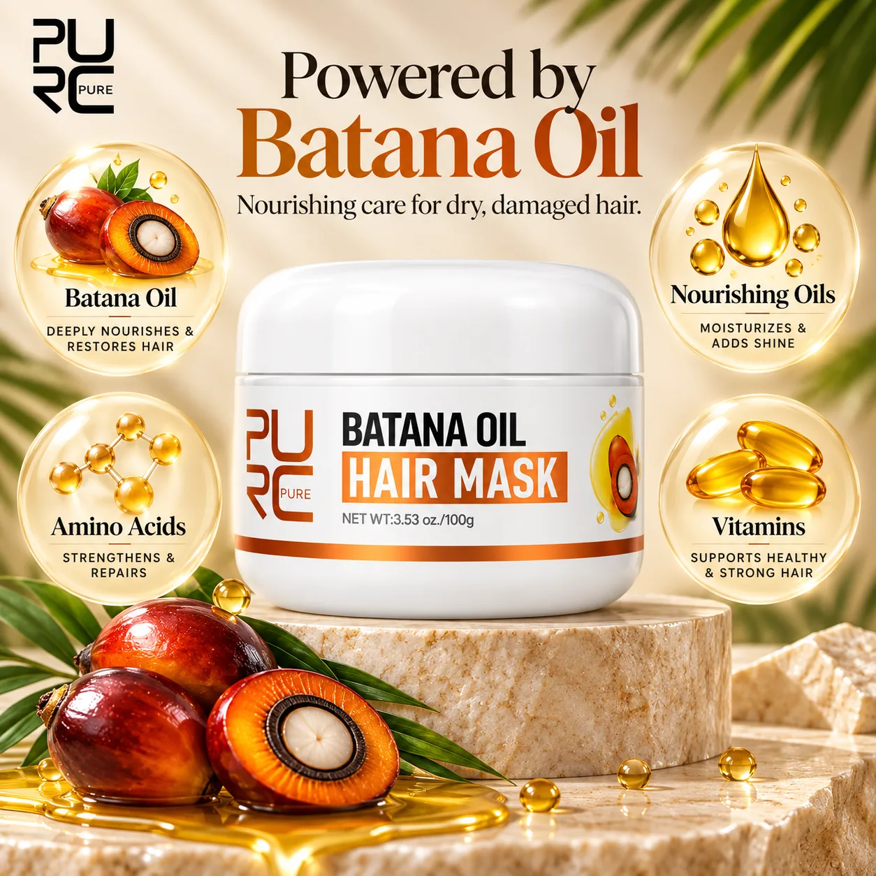 Rich creamy texture of PURC Batana Oil Hair Mask for deep nourishment