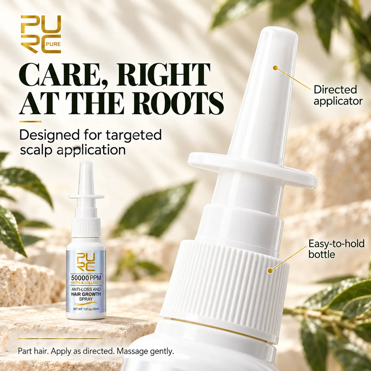 PURC Hair Growth Spray with directed applicator for targeted scalp application