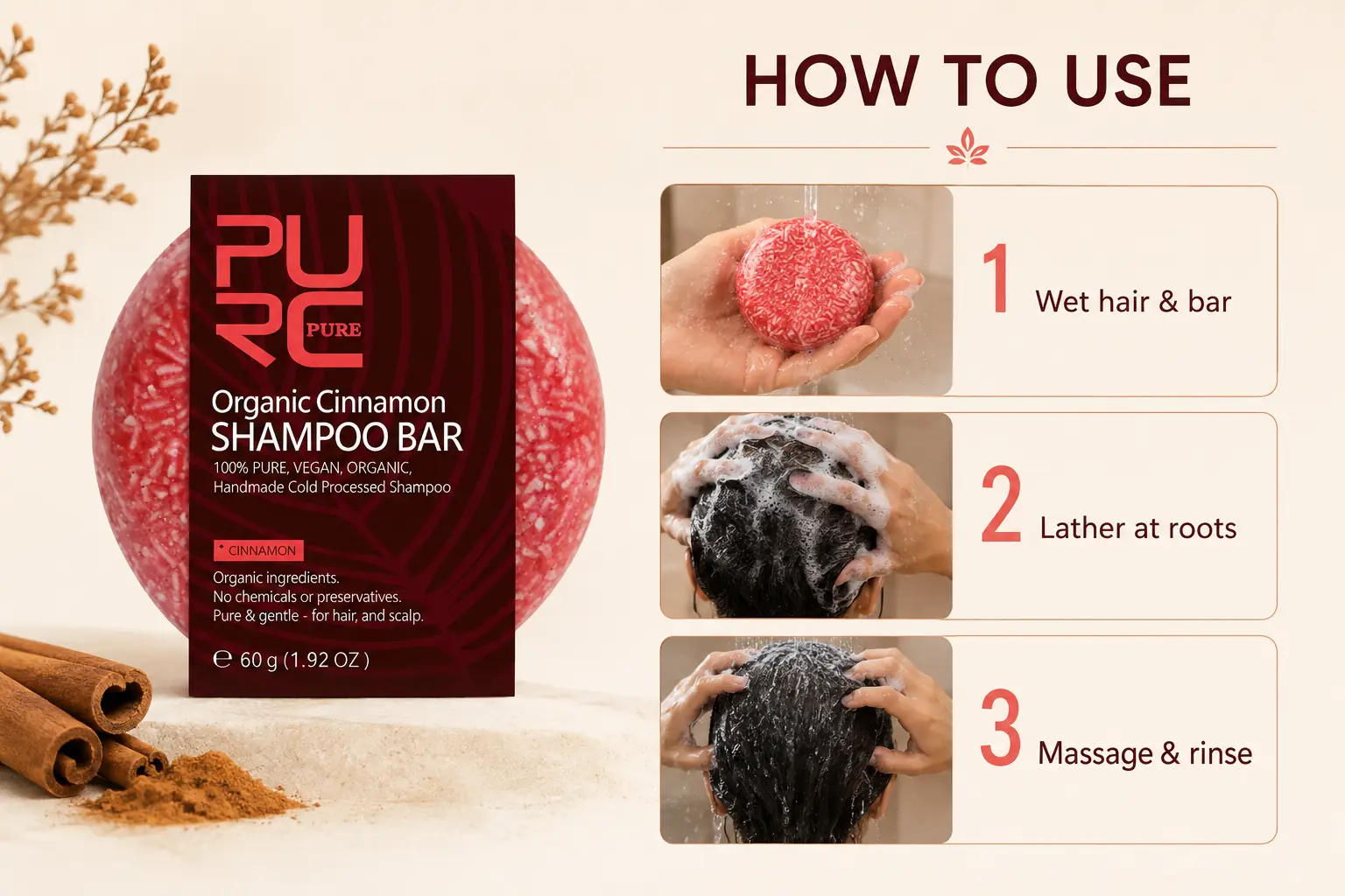 How to use PURC Cinnamon shampoo bar in three steps