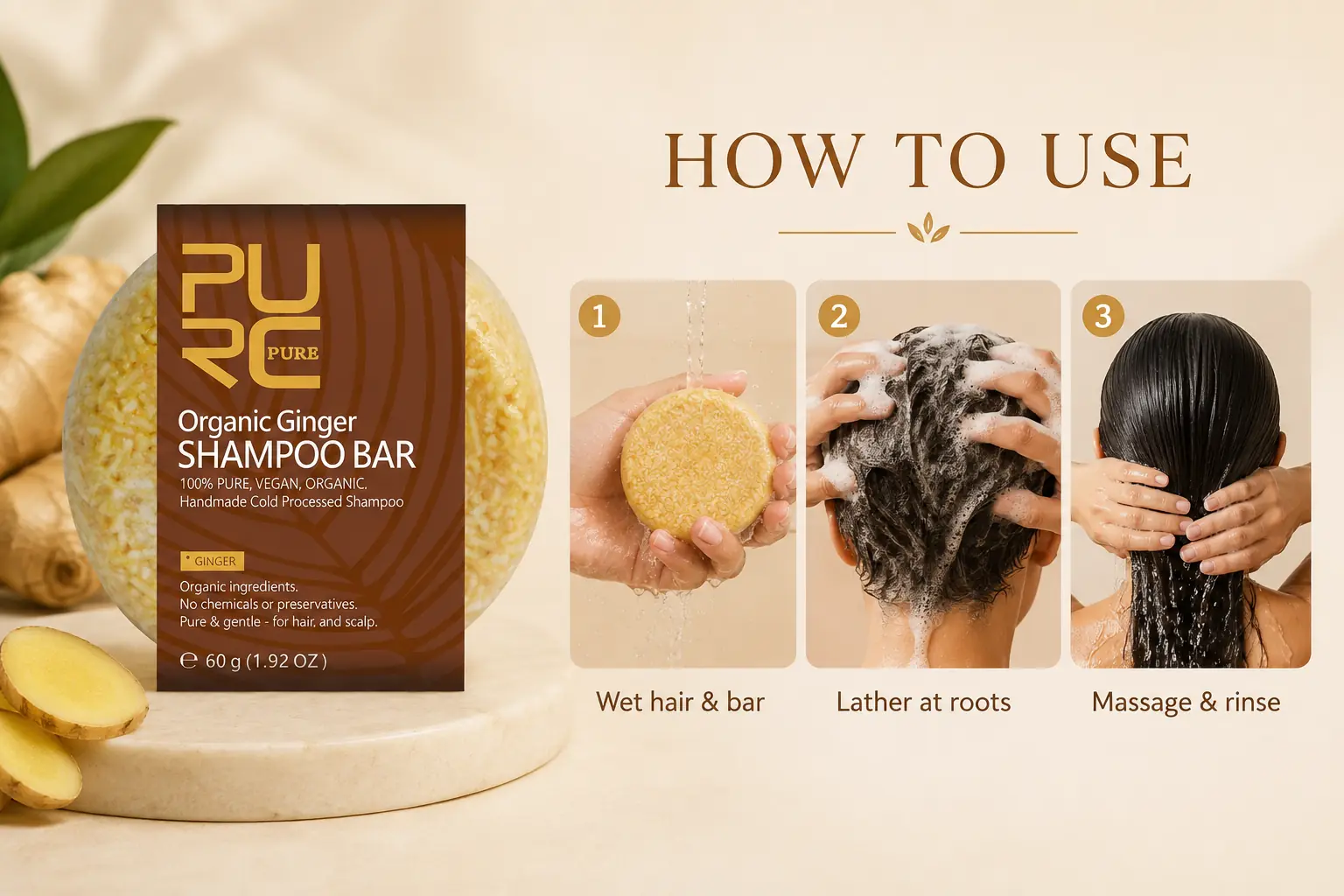 How to use PURC Ginger shampoo bar in three steps