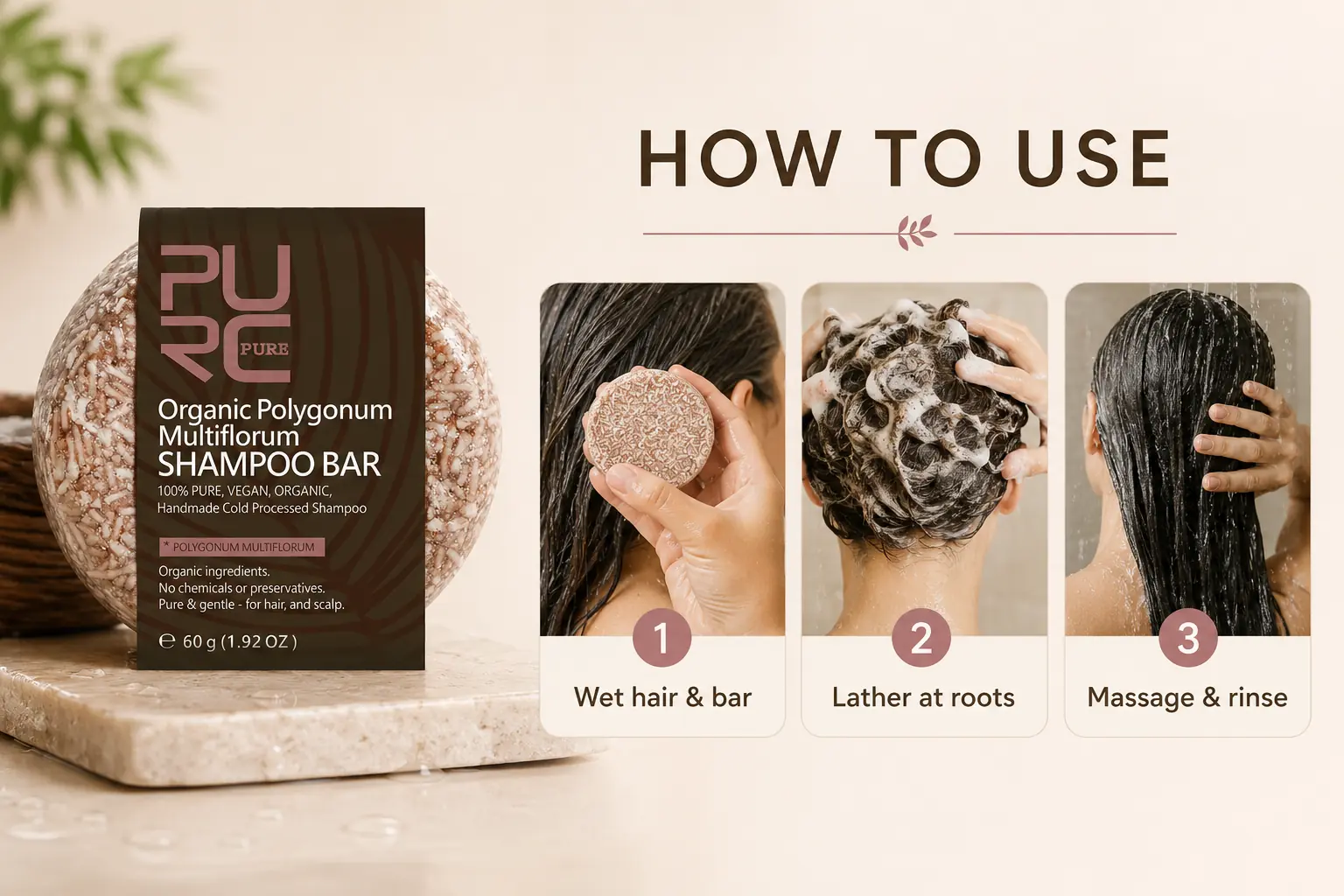 How to use PURC Polygonum shampoo bar in three steps