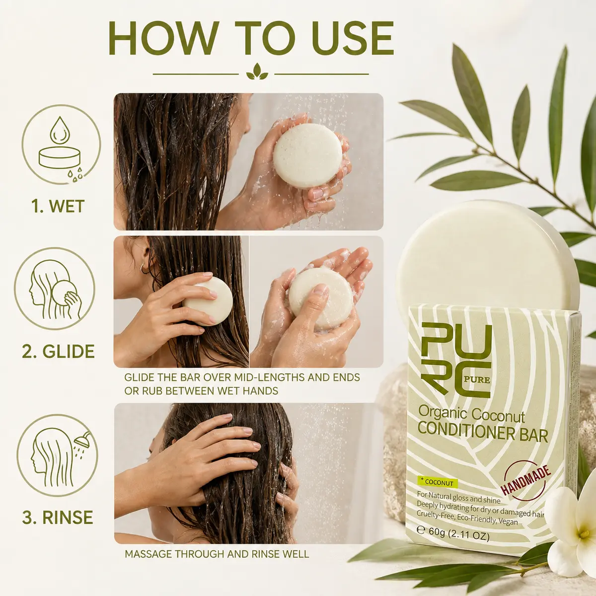 How to use PURC solid conditioner bar on wet hair in three steps