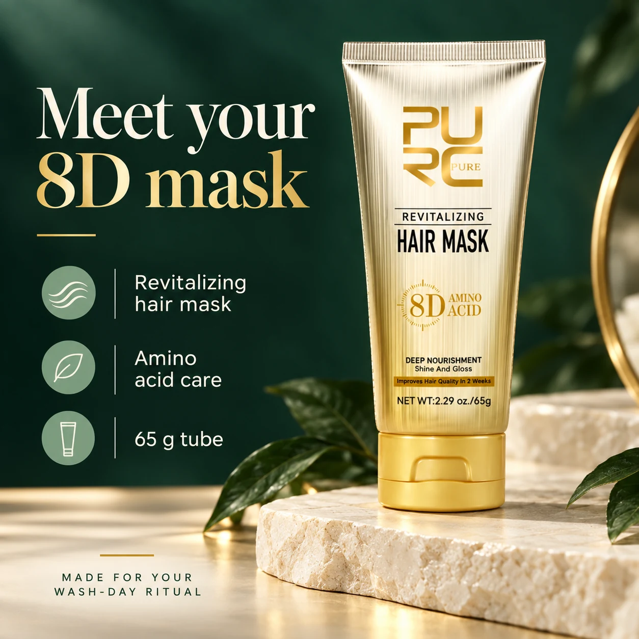 PURC 8D Amino Acid revitalizing hair mask in a 65g gold tube