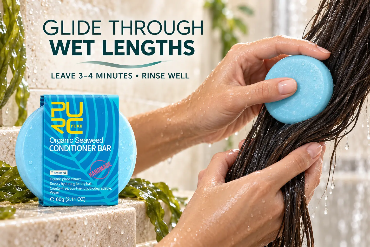 Hands gliding PURC Bio Seaweed Conditioner Bar through wet hair lengths