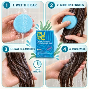 How to use PURC Bio Seaweed Conditioner Bar in four steps on wet hair
