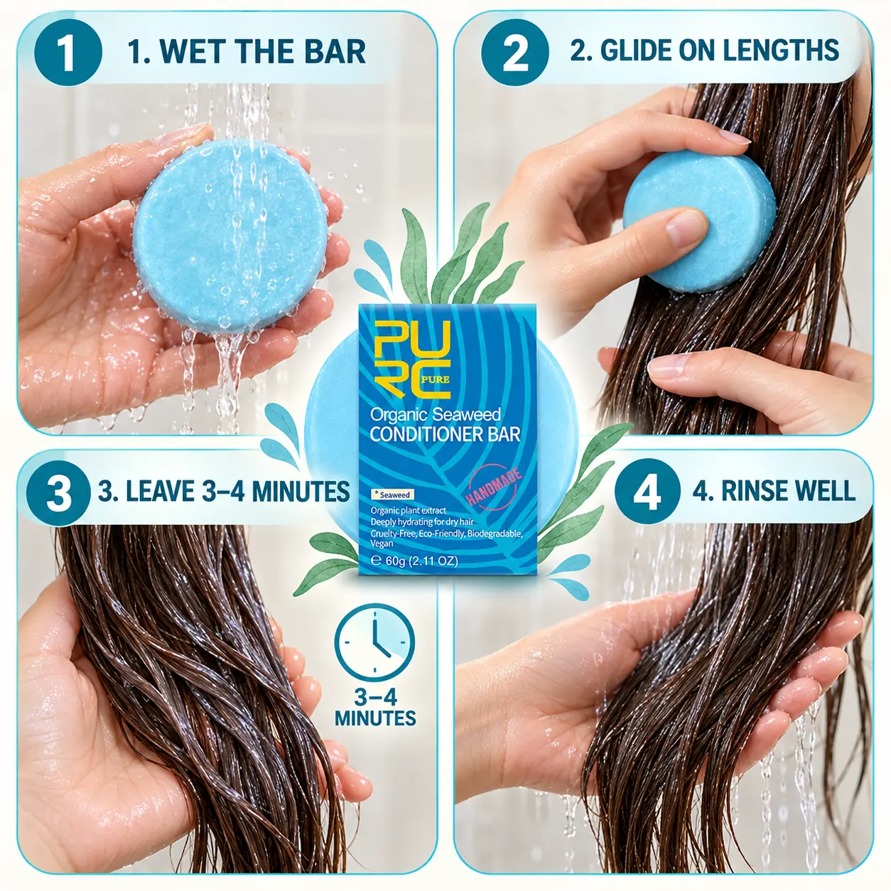 How to use PURC Bio Seaweed Conditioner Bar in four steps on wet hair