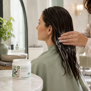 Stylist applying a hair mask through damp hair with a PURC jar on the salon counter