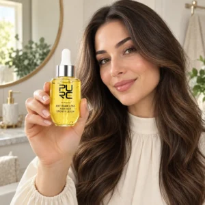 Woman holding PURC Anti Hair Loss and Hair Growth Serum to show the 50ml bottle size