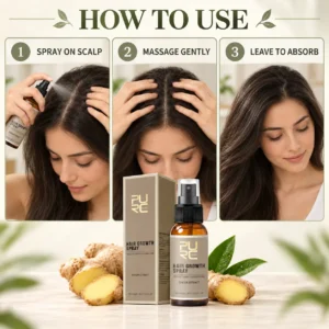 How to use PURC Hair Growth Spray by spraying massaging and leaving it to absorb
