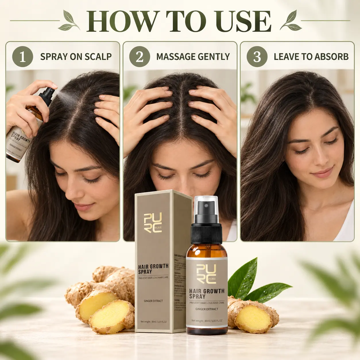 How to use PURC Hair Growth Spray by spraying massaging and leaving it to absorb