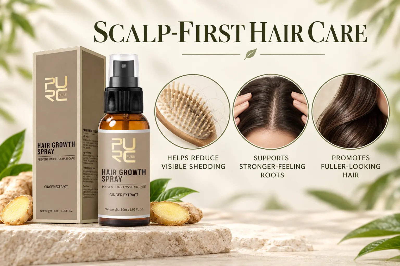 PURC Hair Growth Spray scalp-care benefits for shedding roots and fuller-looking hair