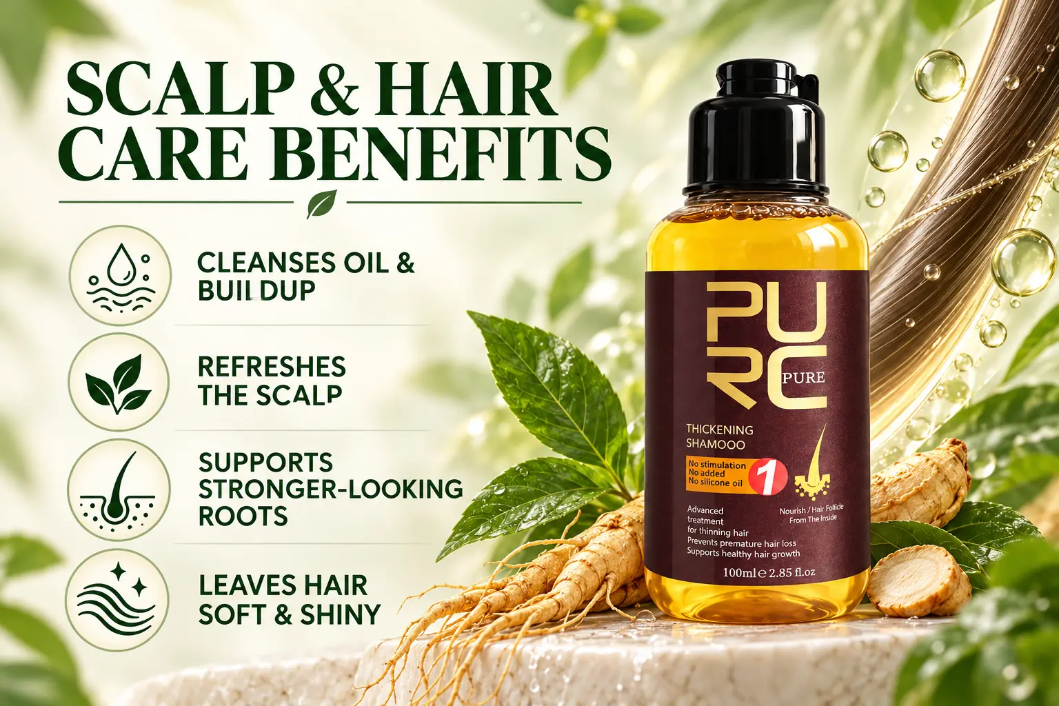 PURC Herbal Ginseng Hair Growth Shampoo scalp and hair care benefits for buildup roots softness and shine