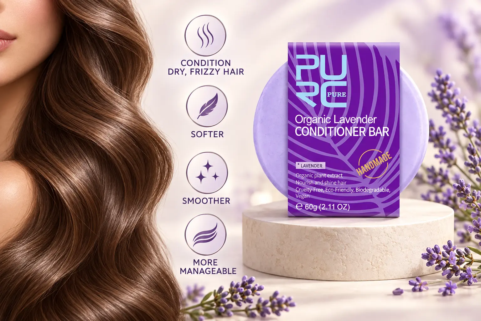 PURC Lavender Conditioner Bar benefits for dry frizzy and unmanageable hair