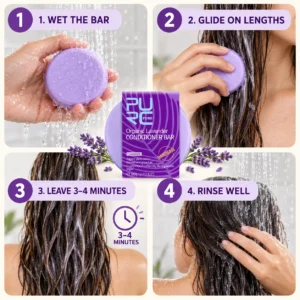 How to use PURC Lavender Conditioner Bar in four simple steps on wet hair