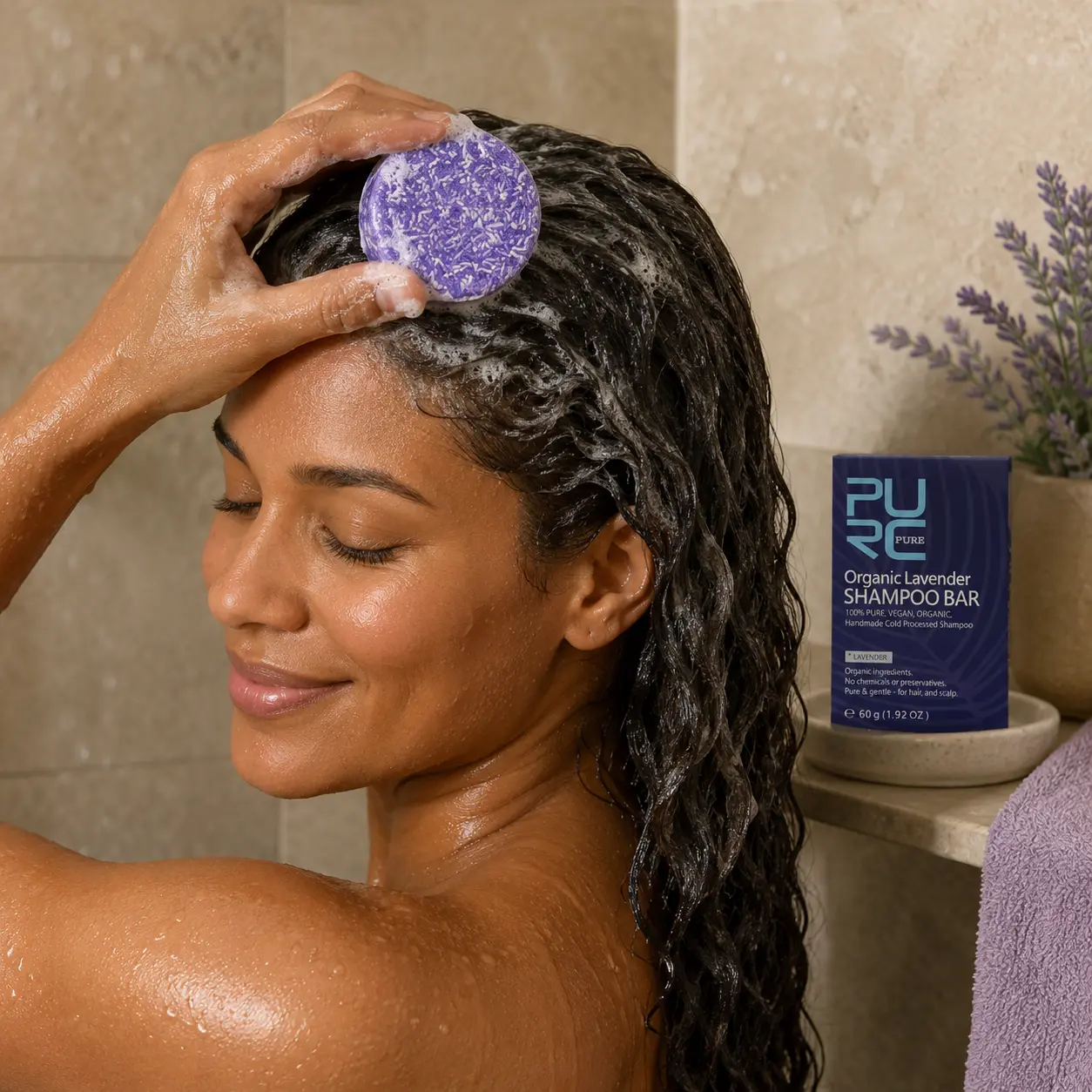 Woman applying PURC Lavender Shampoo Bar to wet hair