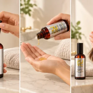PURC Moroccan Argan Hair Oil how-to-use banner showing bottle opening, palm application and hair application