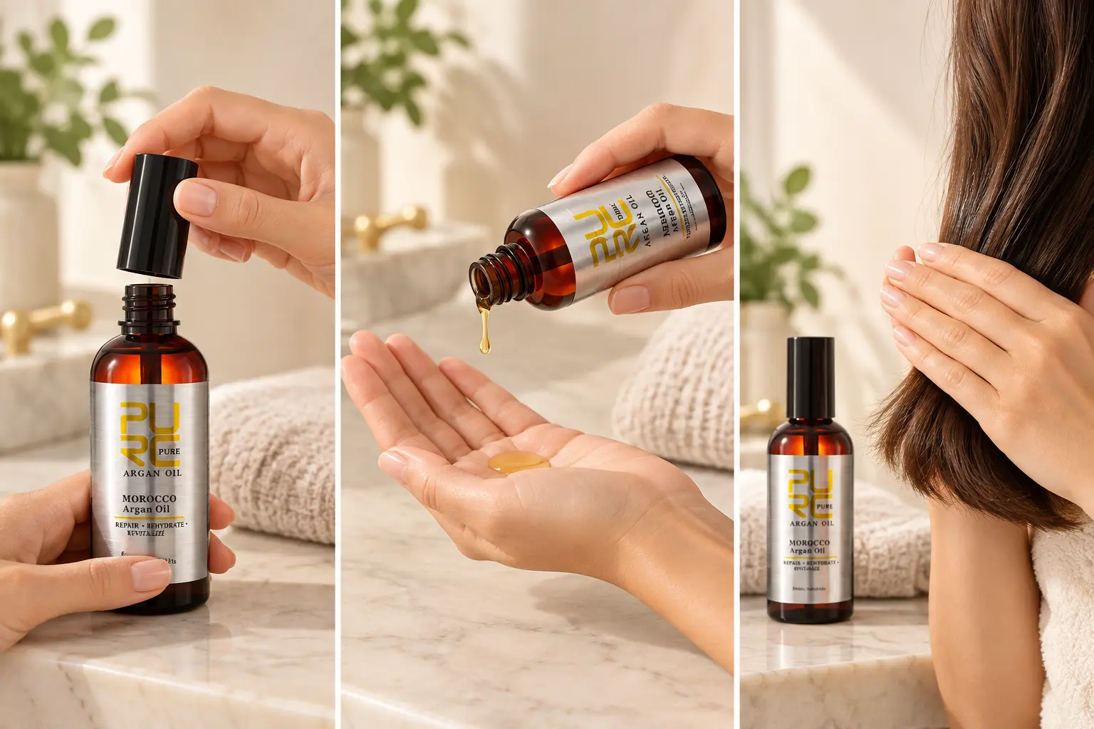 PURC Moroccan Argan Hair Oil how-to-use banner showing bottle opening, palm application and hair application
