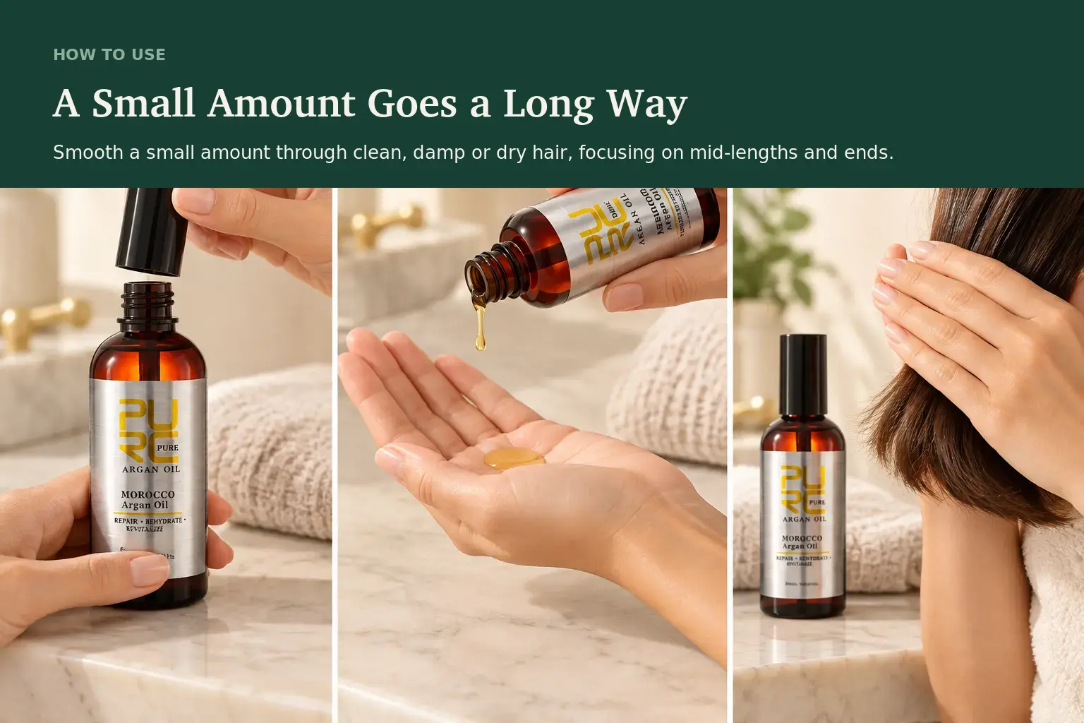 PURC Moroccan Argan Hair Oil how-to-use banner showing bottle opening, palm application and hair application