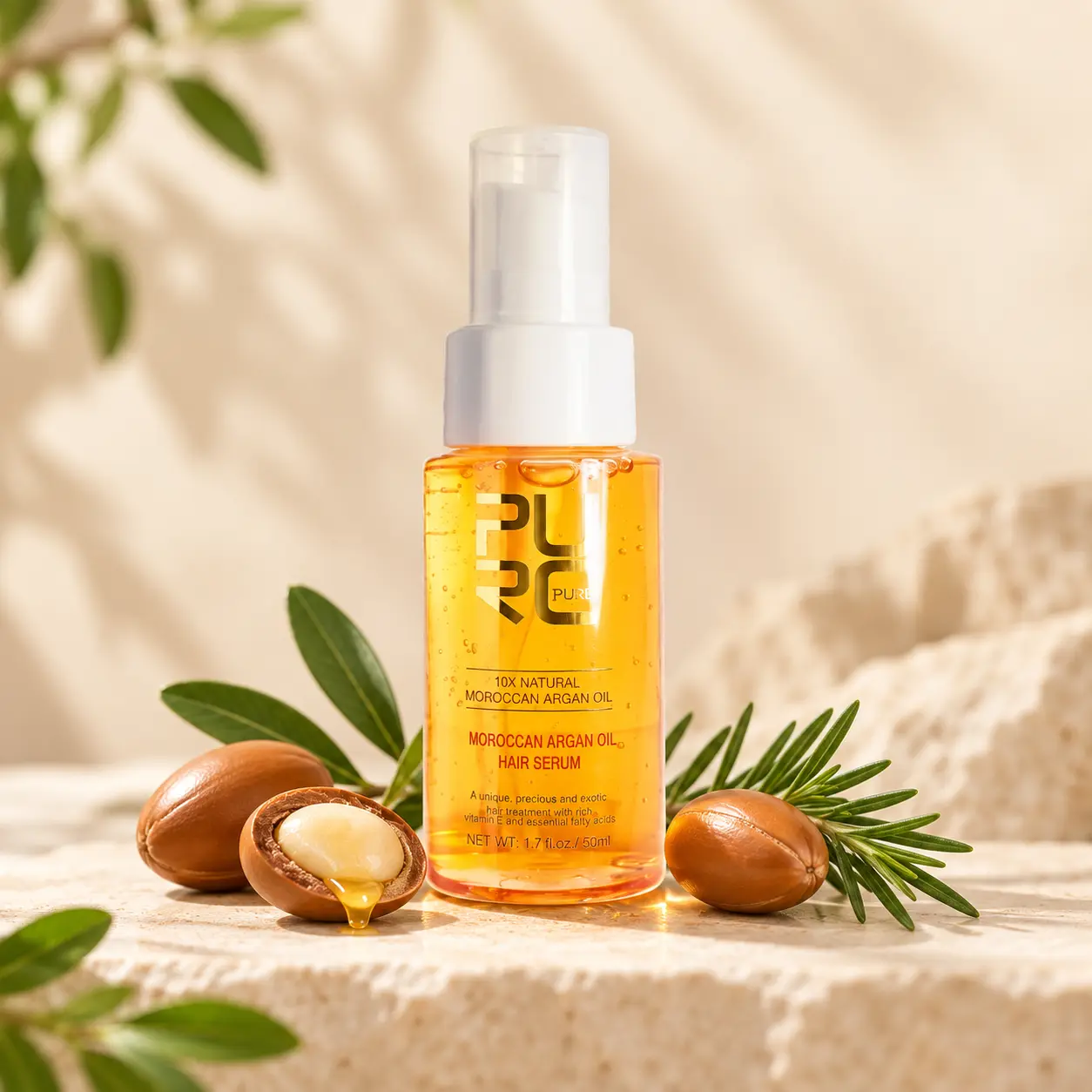 PURC Moroccan Argan Oil Hair Serum front bottle with argan kernels and green leaves
