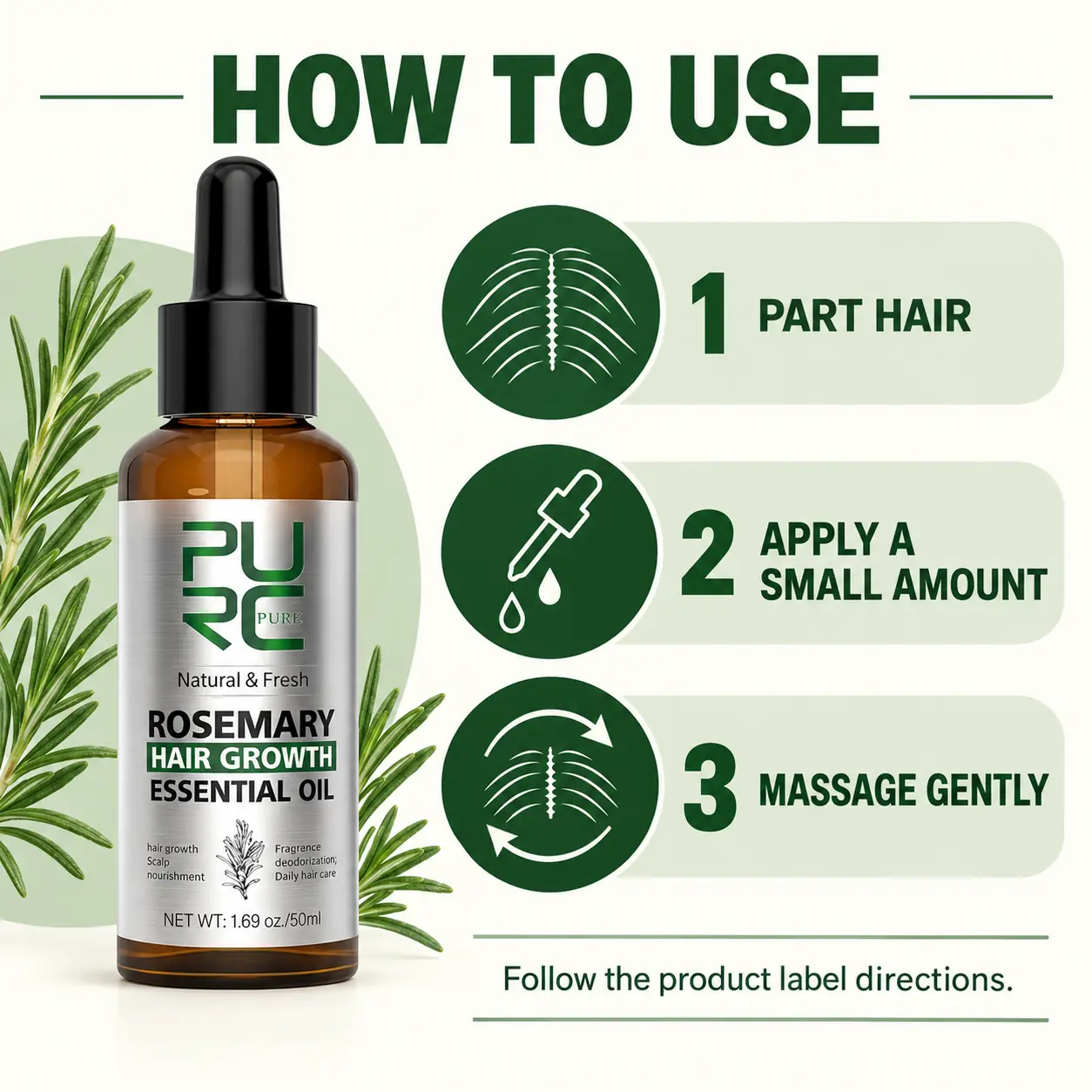 How to use PURC Rosemary Hair Growth Essential Oil on parted hair and massage gently