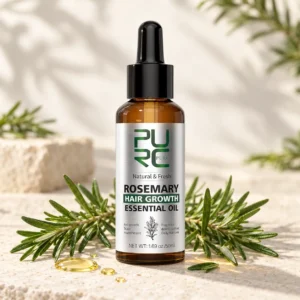 PURC Rosemary Hair Growth Essential Oil bottle with fresh rosemary sprigs